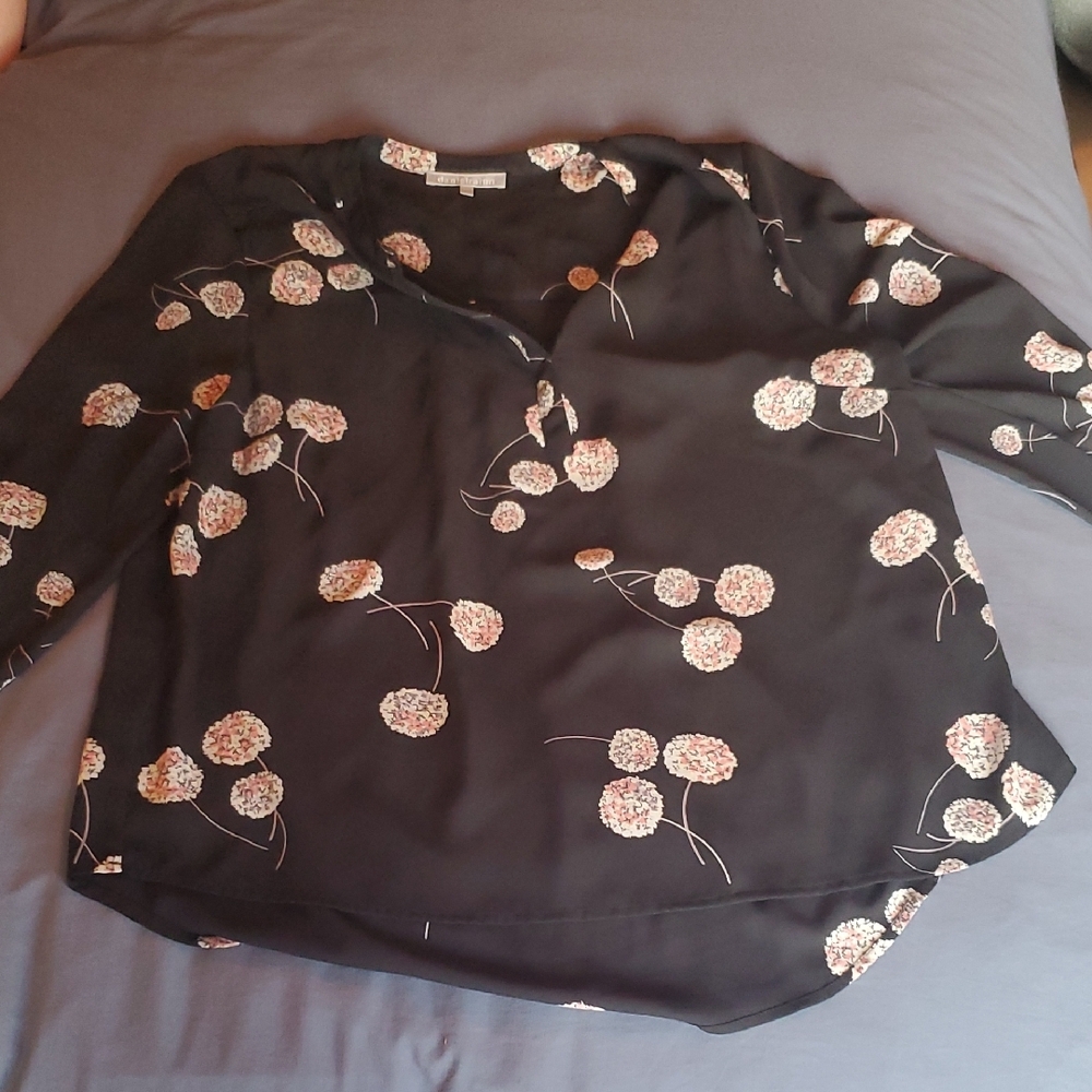 Black and Pink Floral Blouse with 3/4 Sleeves